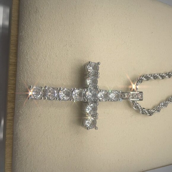 Cubic Zirconia Cross Pendant Necklace With Rope Chain Stainless Steel Silver Pla - Picture 3 of 7